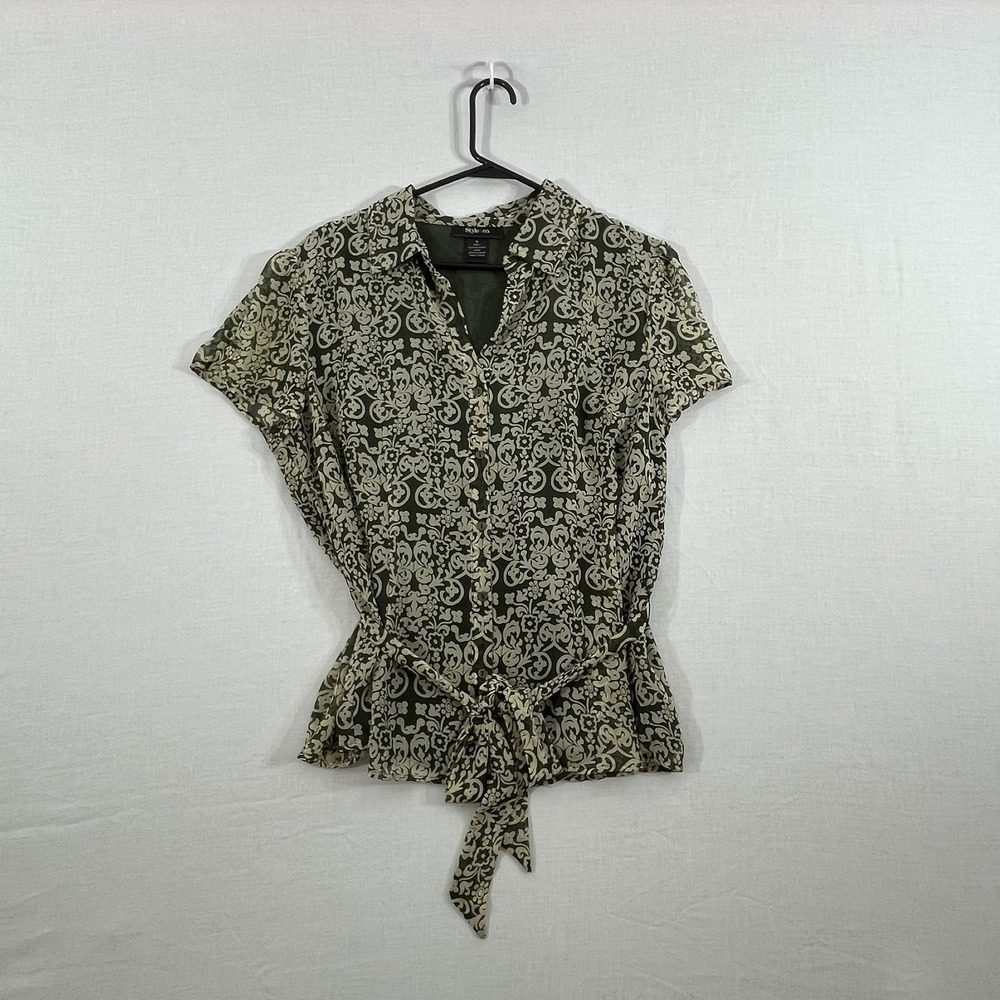 Style & Co. Stretch Short Sleeve Fitted Blouse Button Front with Tie Size 16
